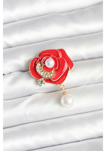 Bfs Kırmızı Gül Incili Model Broş