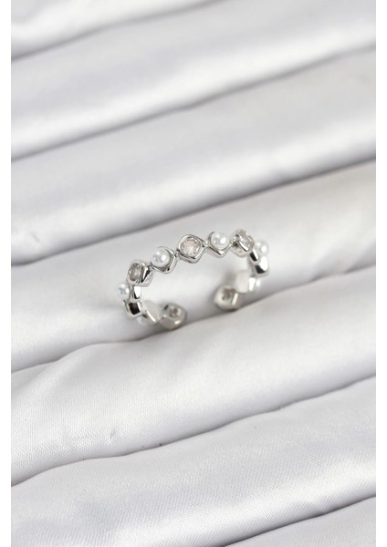 Bfs Pirinç Gümüş Renk Zirkon Taşlı Incili Kadın Yüzük