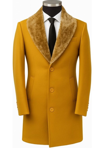 Erkek Uzun Kaşe Kaban – Çıkartılabilir Kürk Yaka, Astarlı ve Cepli Slim Fit Mont