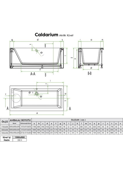 Caldarium Akrilik Ayaklı Küvet 190X90 (Panelve Sifon Hariç) fiyatları