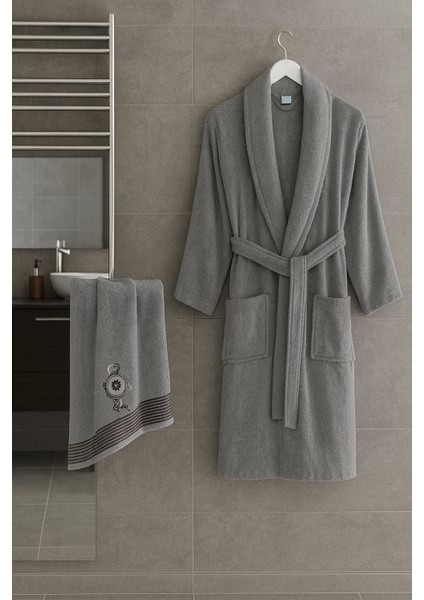 New Neva Pamuklu Nakışlı Işlemeli Şal Yaka Bornoz Saç Havlusu Set