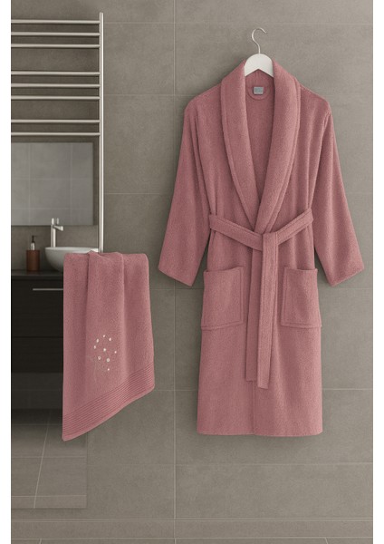 New Neva Pamuklu Nakışlı Işlemeli Şal Yaka Bornoz Saç Havlusu Set