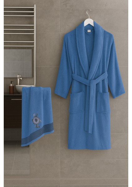 New Neva Pamuklu Nakışlı Işlemeli Şal Yaka Bornoz Saç Havlusu Set