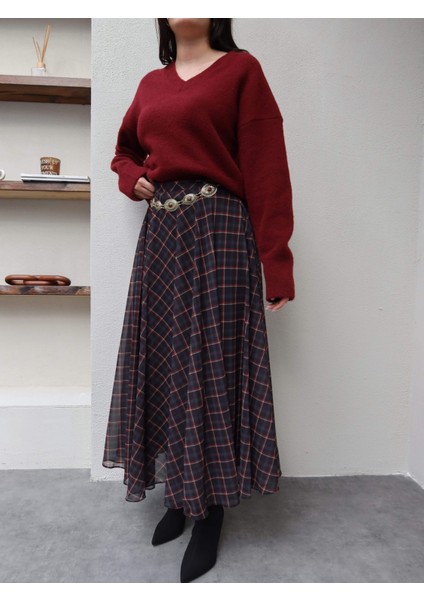 Şifon Ekose Desen Kloş Etek