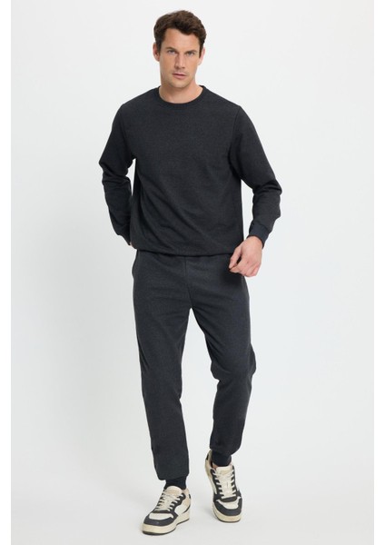 Erkek Relax Fit Pamuklu 2 Iplik Yumuşak Dokulu Bisiklet Yaka Antrasit Eşofman Takımı