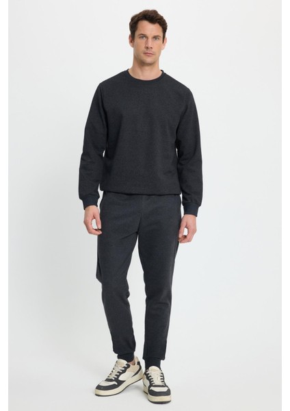 Erkek Relax Fit Pamuklu 2 Iplik Yumuşak Dokulu Bisiklet Yaka Antrasit Eşofman Takımı