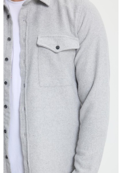 Erkek Slim Fit Tek Cep Kapaklı Düz Oduncu Spor Gri Gömlek modelleri