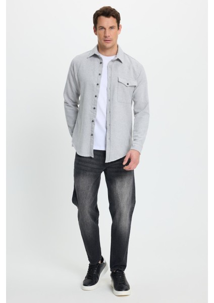 Erkek Slim Fit Tek Cep Kapaklı Düz Oduncu Spor Gri Gömlek indirimleri