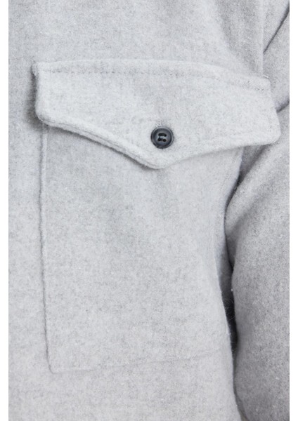 Erkek Slim Fit Tek Cep Kapaklı Düz Oduncu Spor Gri Gömlek