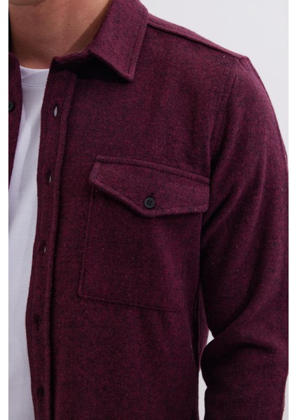 Erkek Slim Fit Tek Cep Kapaklı Düz Oduncu Spor Bordo Gömlek modelleri