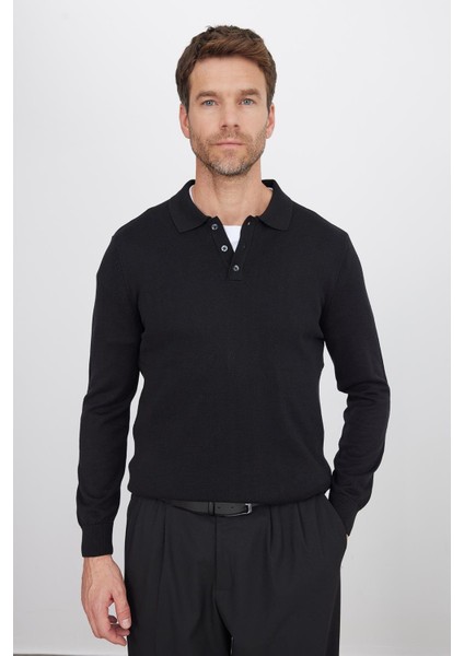Erkek Standart Fit Normal Kesim Pamuklu Polo Yaka Siyah Kazak