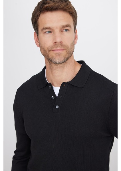 Erkek Standart Fit Normal Kesim Pamuklu Polo Yaka Siyah Kazak fiyatları
