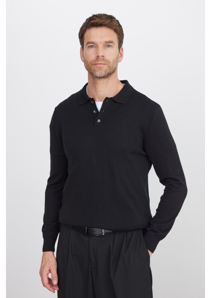 Erkek Standart Fit Normal Kesim Pamuklu Polo Yaka Siyah Kazak indirimleri