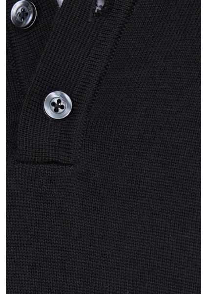 Erkek Standart Fit Normal Kesim Pamuklu Polo Yaka Siyah Kazak