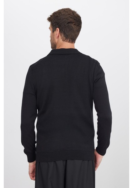 Erkek Standart Fit Normal Kesim Pamuklu Polo Yaka Siyah Kazak
