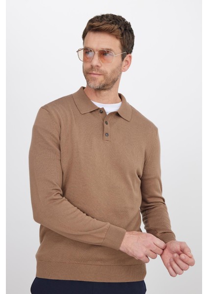 Erkek Standart Fit Normal Kesim Pamuklu Polo Yaka Vizon Kazak