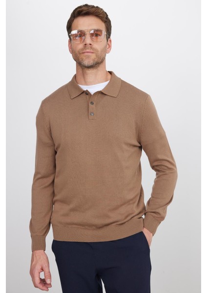 Erkek Standart Fit Normal Kesim Pamuklu Polo Yaka Vizon Kazak fiyatları