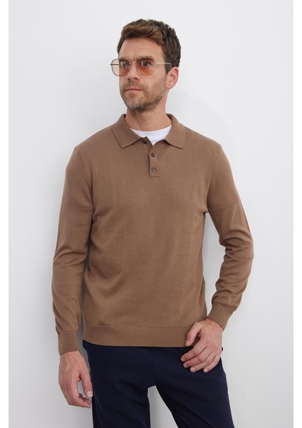 Erkek Standart Fit Normal Kesim Pamuklu Polo Yaka Vizon Kazak fırsatları