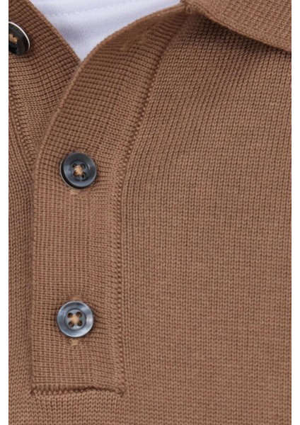 Erkek Standart Fit Normal Kesim Pamuklu Polo Yaka Vizon Kazak