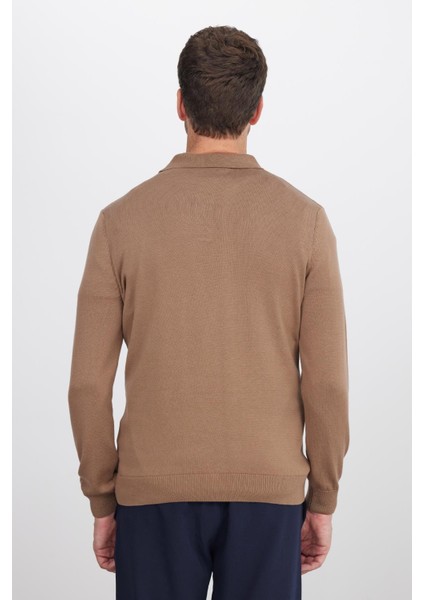 Erkek Standart Fit Normal Kesim Pamuklu Polo Yaka Vizon Kazak