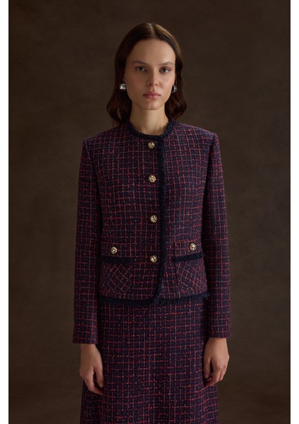 Ekose Tweed Kumaş Püskül Detaylı Kısa Ceket