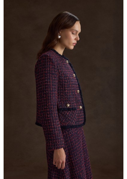 Ekose Tweed Kumaş Püskül Detaylı Kısa Ceket modelleri