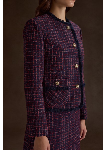 Ekose Tweed Kumaş Püskül Detaylı Kısa Ceket fırsatları