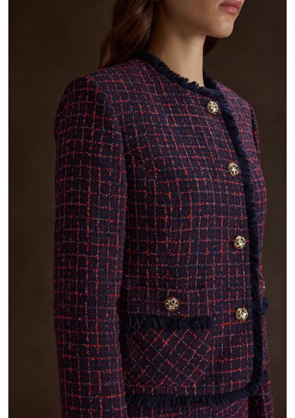 Ekose Tweed Kumaş Püskül Detaylı Kısa Ceket indirimleri