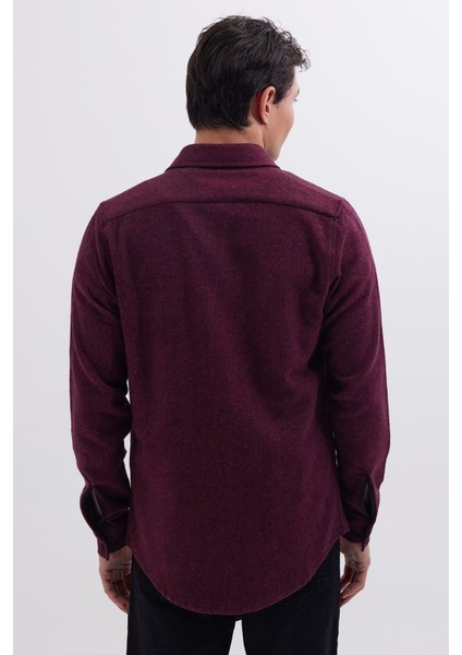 Erkek Slim Fit Tek Cep Kapaklı Düz Oduncu Spor Bordo Gömlek