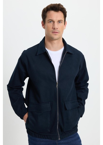 Erkek Relax Fit Rahat Kesim Çift Cep Kapaklı Fermuarlı Beli Lastikli Düz Lacivert Ceket Mont Gömlek