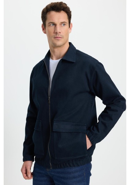 Erkek Relax Fit Rahat Kesim Çift Cep Kapaklı Fermuarlı Beli Lastikli Düz Lacivert Ceket Mont Gömlek
