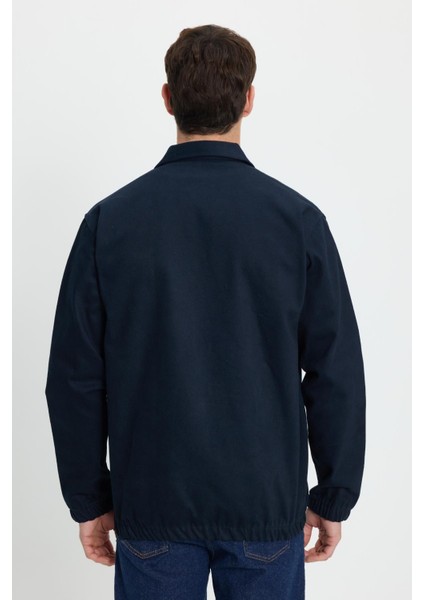 Erkek Relax Fit Rahat Kesim Çift Cep Kapaklı Fermuarlı Beli Lastikli Düz Lacivert Ceket Mont Gömlek