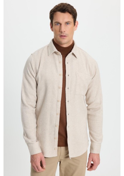 Erkek Slim Fit Dar Kesim armürlü Oduncu Cepli Spor Yaka Ekru Gömlek indirimleri