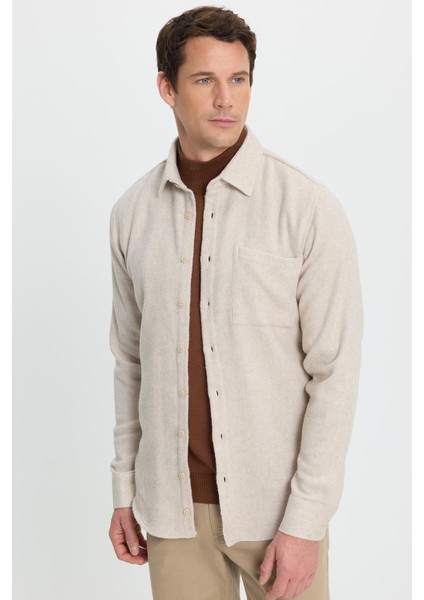 Erkek Slim Fit Dar Kesim armürlü Oduncu Cepli Spor Yaka Ekru Gömlek