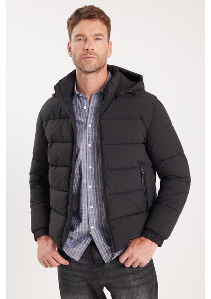 Erkek Relax Fit Rahat Kesim Çift Cepli Çıkarılabilir Kapüşonlu Siyah Şişme Mont