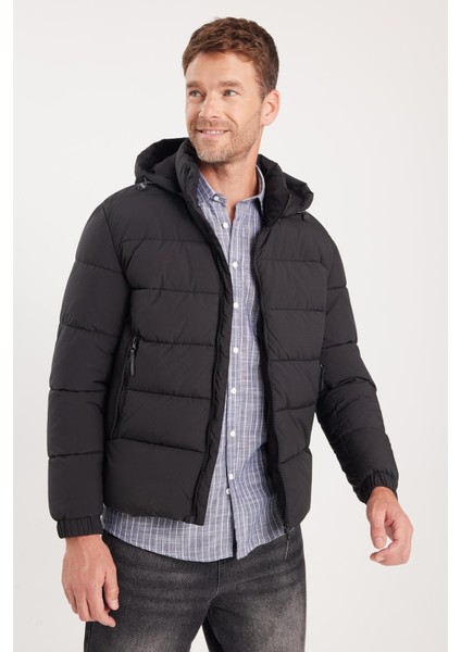 Erkek Relax Fit Rahat Kesim Çift Cepli Çıkarılabilir Kapüşonlu Siyah Şişme Mont indirimleri