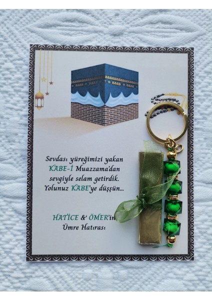 24 Adet Kişiye Özel Tasarım Hac Umre Mevlid Hatırası Dağıtmalık Hediyelik Yeşil Anahtarlık ve Kına