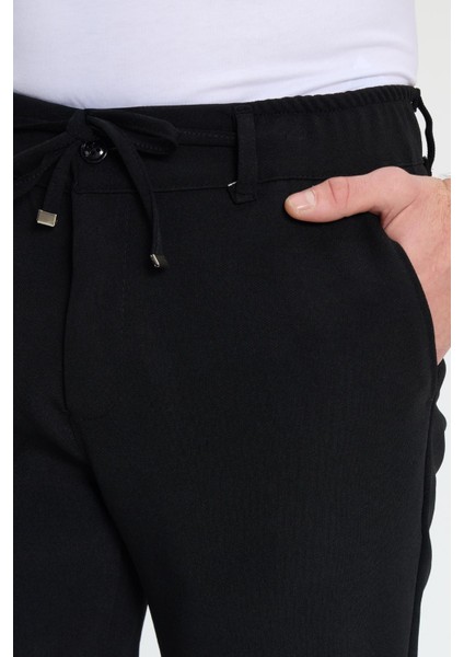 Erkek Slim Fit Dar Kesim Beli Lastikli Bağcık Detaylı Siyah Pantolon fırsatları