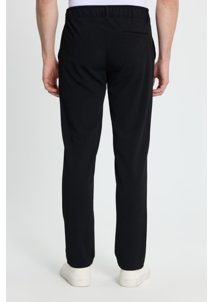 Erkek Slim Fit Dar Kesim Beli Lastikli Bağcık Detaylı Siyah Pantolon
