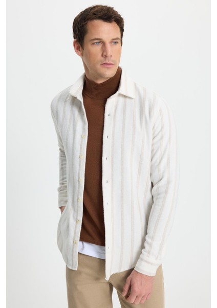 Erkek Slim Fit Dar Kesim Yaka Düğmeli Çizgili Oduncu Gömlek fiyatları