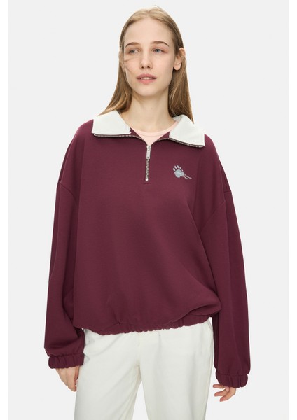 Yoko Bordo Fermuarlı Baskılı Oversize Fit Kadın Sweatshirt modelleri