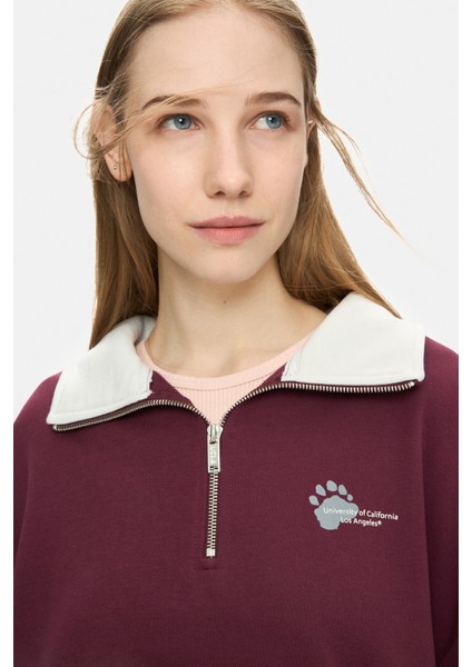 Yoko Bordo Fermuarlı Baskılı Oversize Fit Kadın Sweatshirt fırsatları
