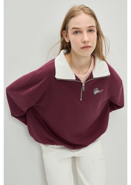 Yoko Bordo Fermuarlı Baskılı Oversize Fit Kadın Sweatshirt indirimleri