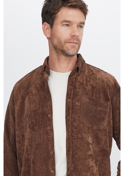 Erkek Regular Fit Rahat Kesim Fitilli Kadife Görünüm Düğmeli Yaka Koyu Kahve Ceket Gömlek