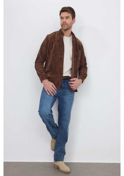 Erkek Regular Fit Rahat Kesim Fitilli Kadife Görünüm Düğmeli Yaka Koyu Kahve Ceket Gömlek fiyatları