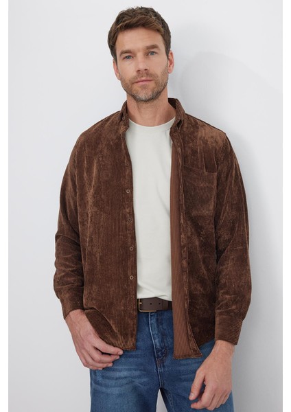 Erkek Regular Fit Rahat Kesim Fitilli Kadife Görünüm Düğmeli Yaka Koyu Kahve Ceket Gömlek fırsatları