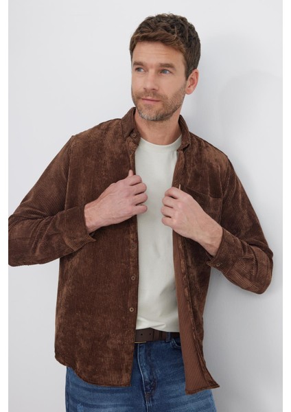 Erkek Regular Fit Rahat Kesim Fitilli Kadife Görünüm Düğmeli Yaka Koyu Kahve Ceket Gömlek indirimleri