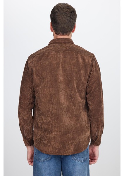 Erkek Regular Fit Rahat Kesim Fitilli Kadife Görünüm Düğmeli Yaka Koyu Kahve Ceket Gömlek