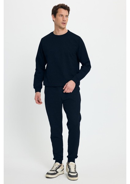 Erkek Relax Fit Pamuklu 2 Iplik Yumuşak Dokulu Bisiklet Yaka Lacivert Eşofman Takımı