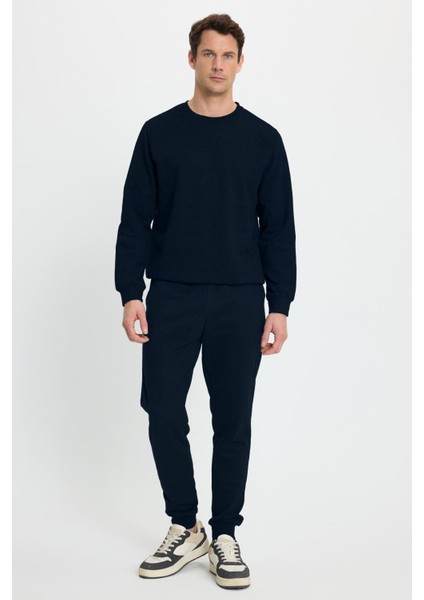 Erkek Relax Fit Pamuklu 2 Iplik Yumuşak Dokulu Bisiklet Yaka Lacivert Eşofman Takımı